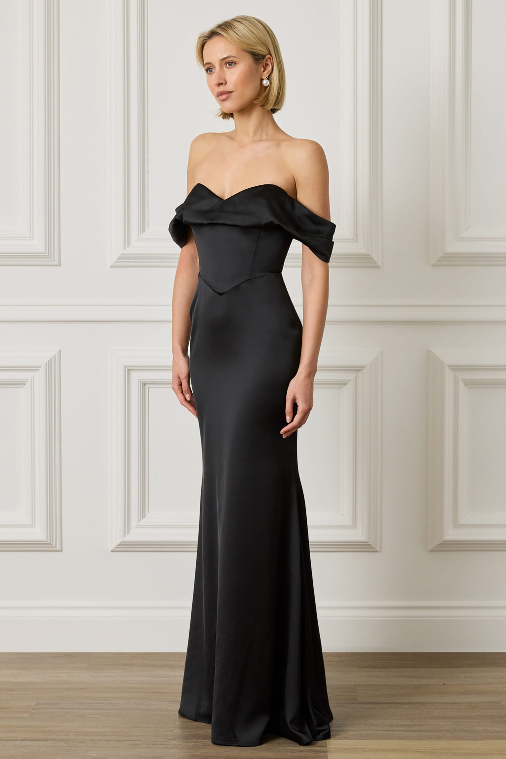 RAYNE Satin Drape Bardot Maxi Dress in Black