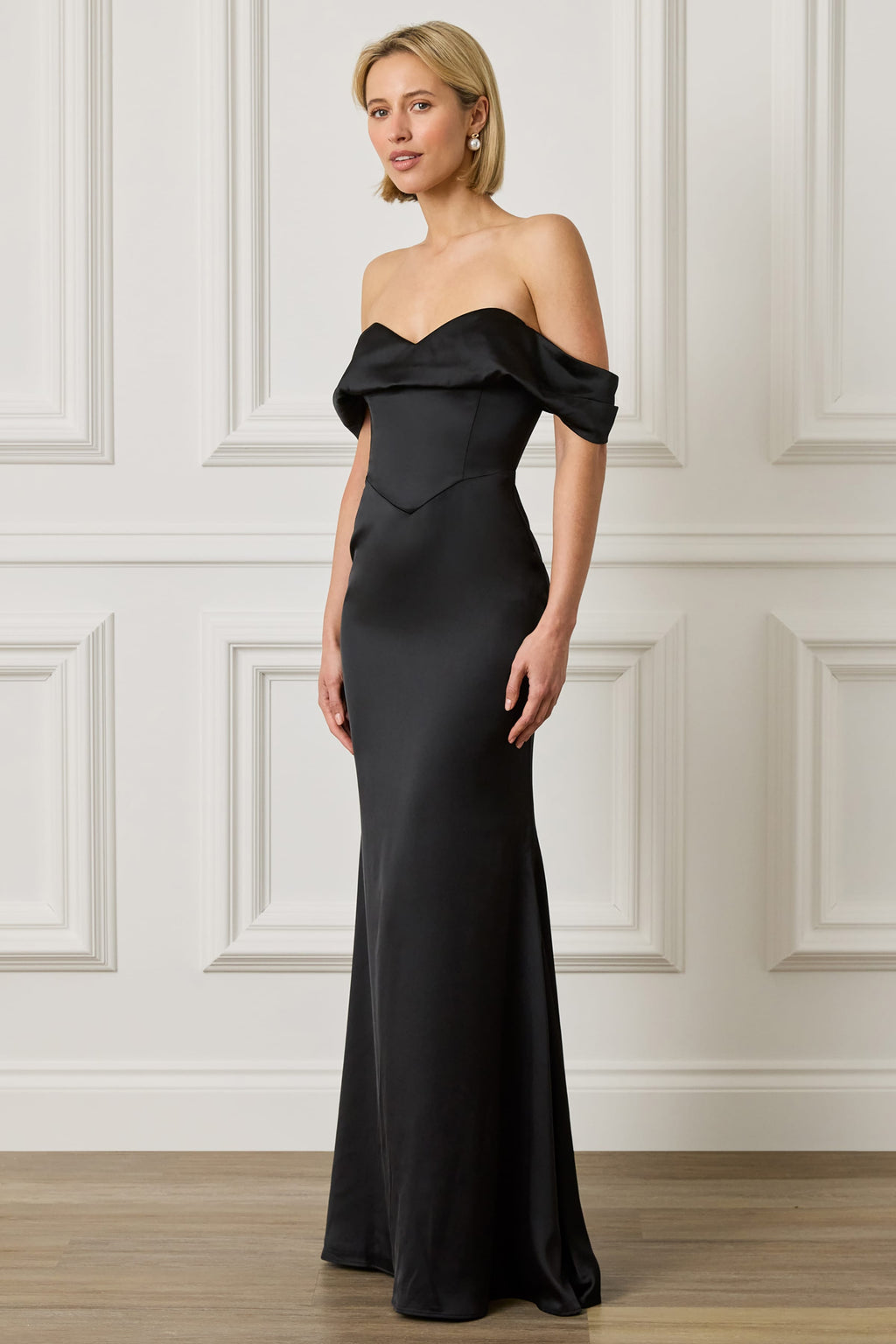 RAYNE Satin Drape Bardot Maxi Dress in Black