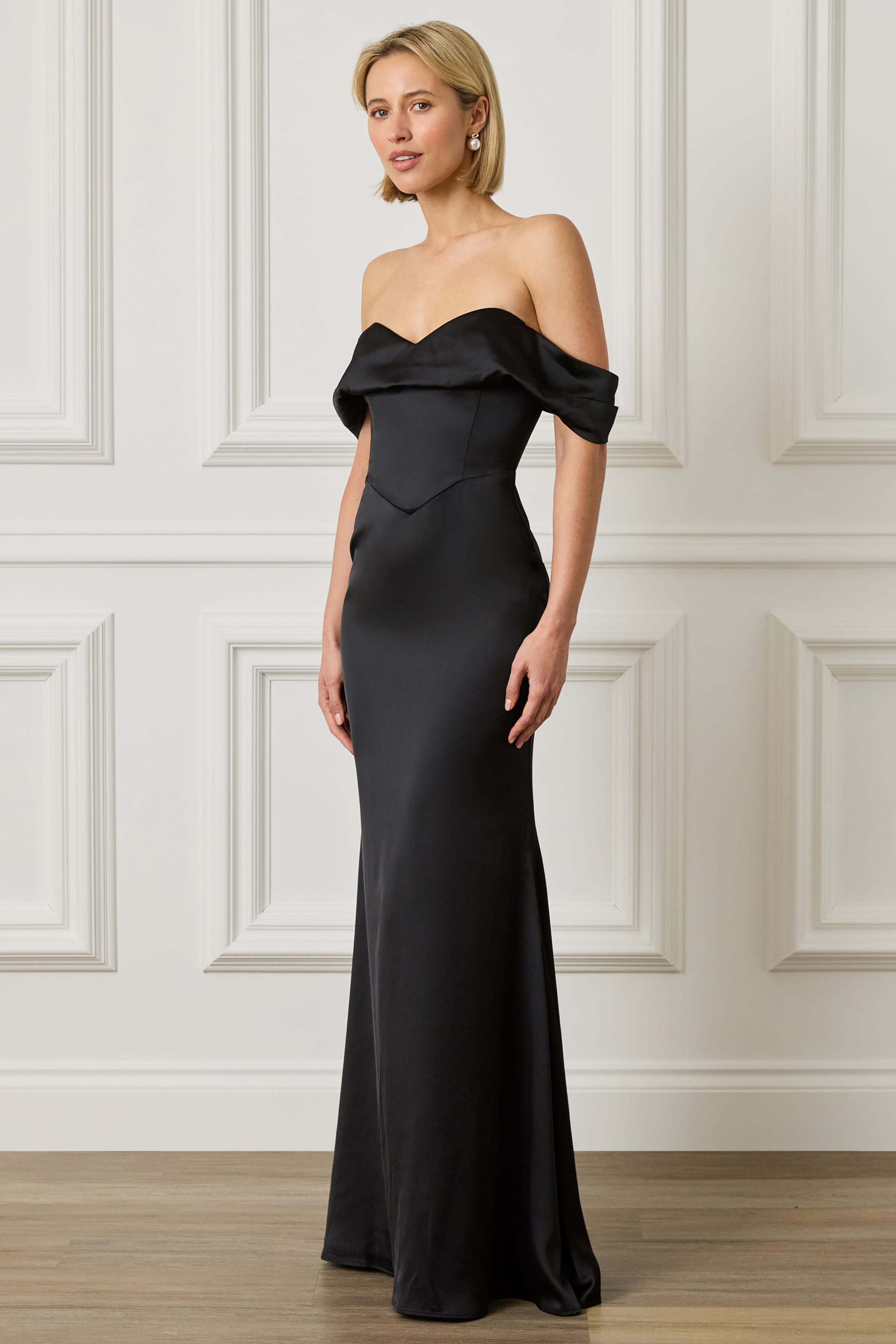 RAYNE Satin Drape Bardot Maxi Dress in Black