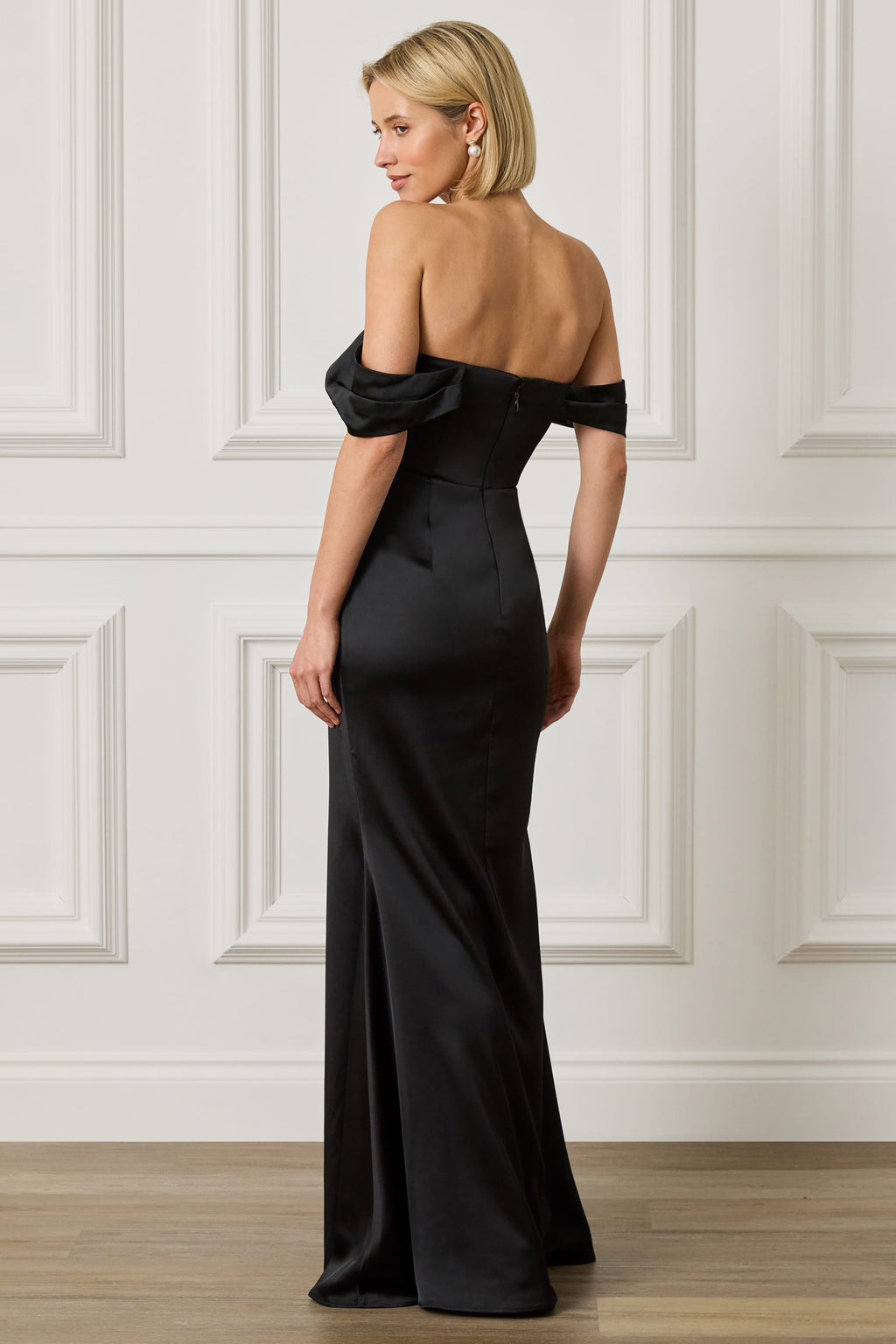 RAYNE Satin Drape Bardot Maxi Dress in Black