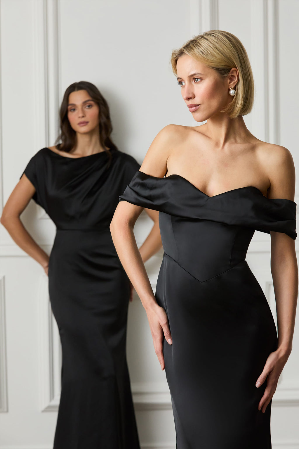 TRINITY Asymmetric Dropped Shoulder Split Sleeve Satin Maxi Dress in Black