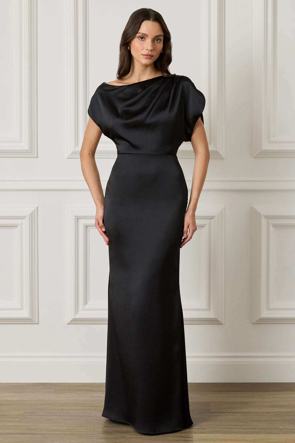 TRINITY Asymmetric Dropped Shoulder Split Sleeve Satin Maxi Dress in Black
