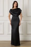 TRINITY Asymmetric Dropped Shoulder Split Sleeve Satin Maxi Dress in Black