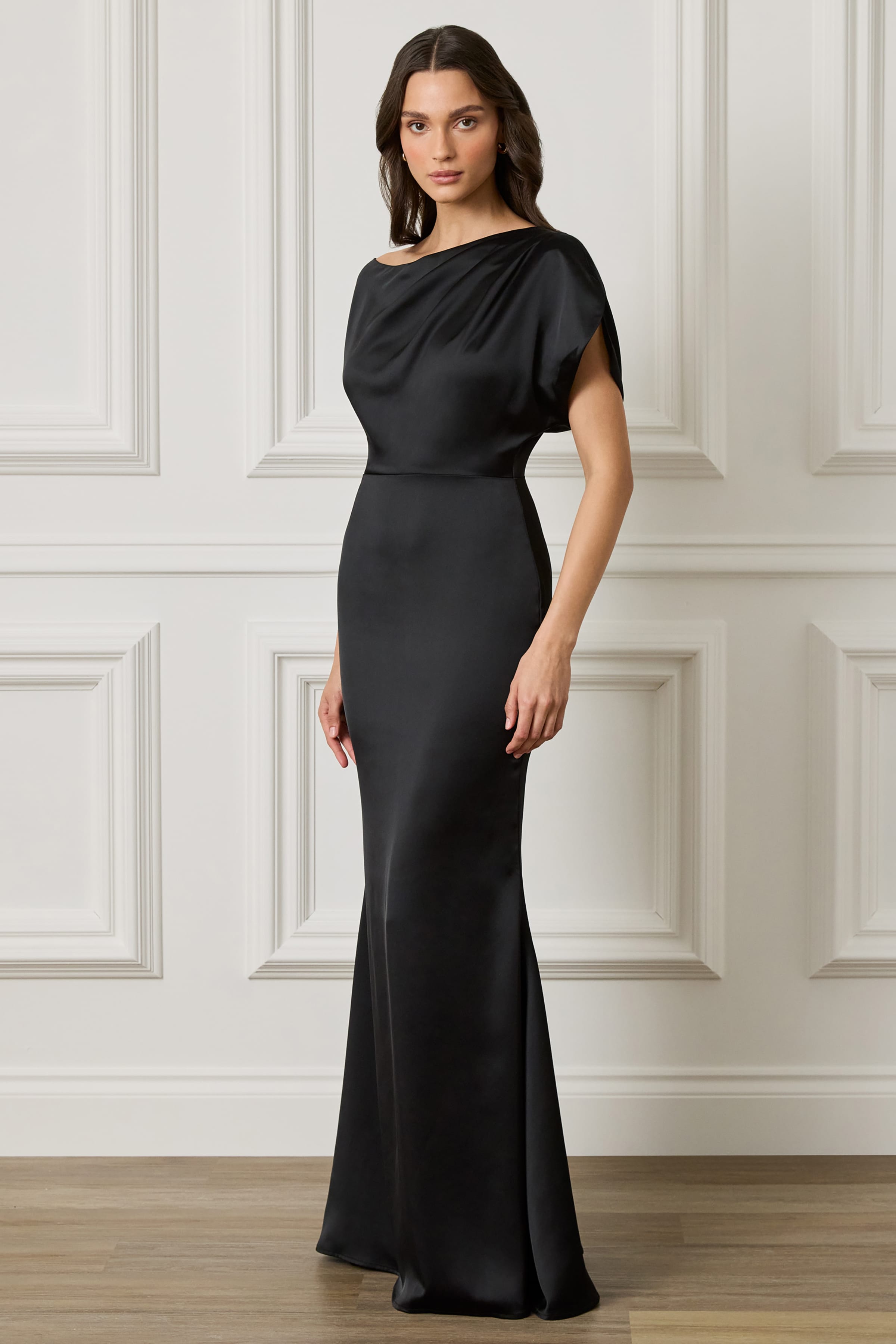 TRINITY Asymmetric Dropped Shoulder Split Sleeve Satin Maxi Dress in Black