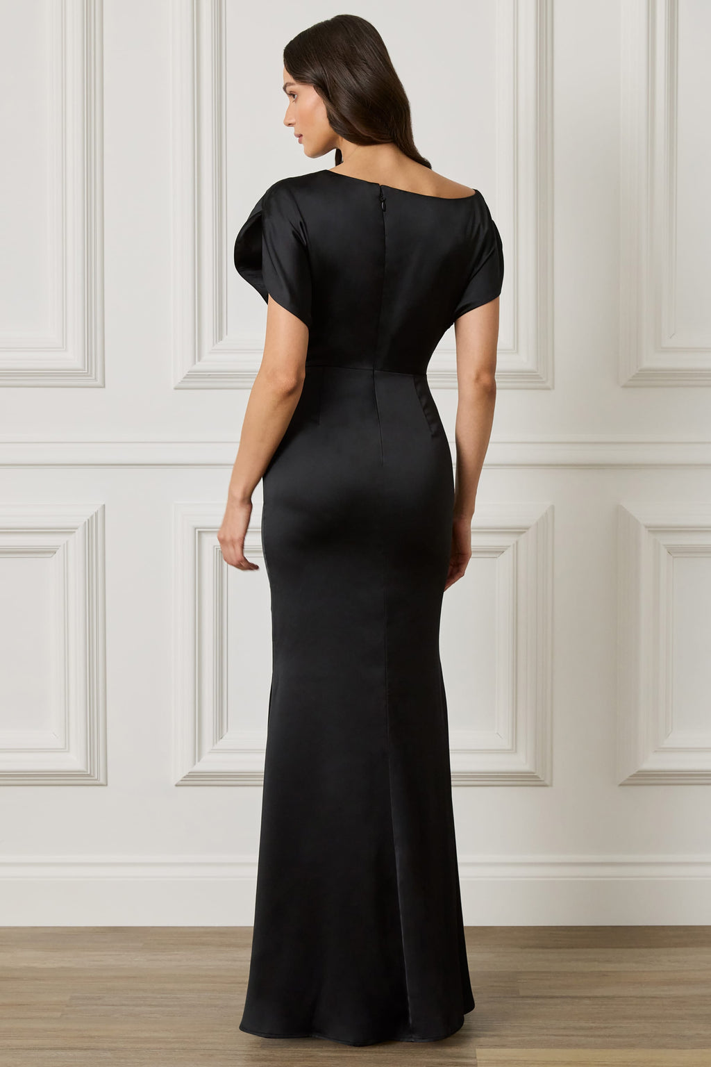 TRINITY Asymmetric Dropped Shoulder Split Sleeve Satin Maxi Dress in Black