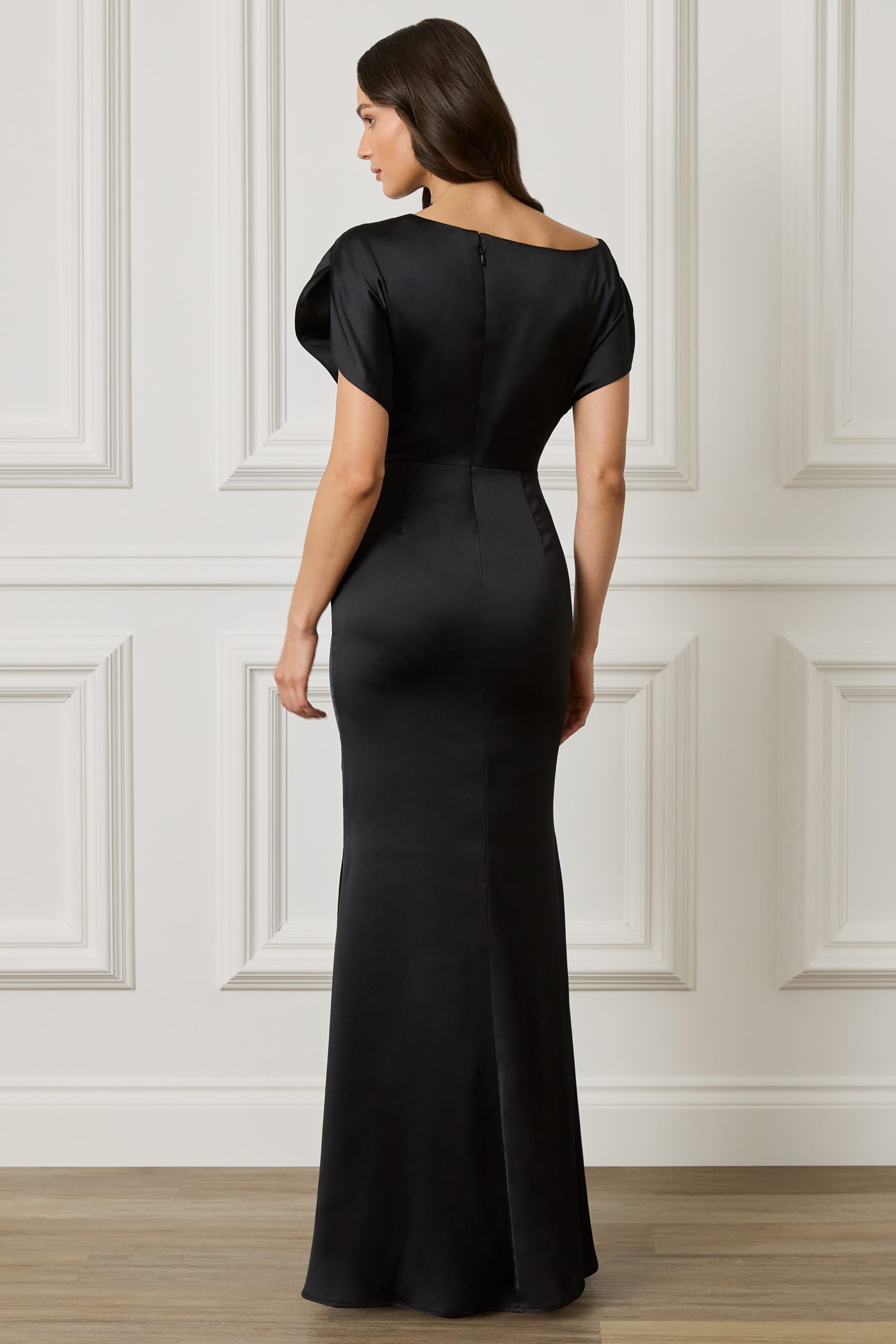 TRINITY Asymmetric Dropped Shoulder Split Sleeve Satin Maxi Dress in Black