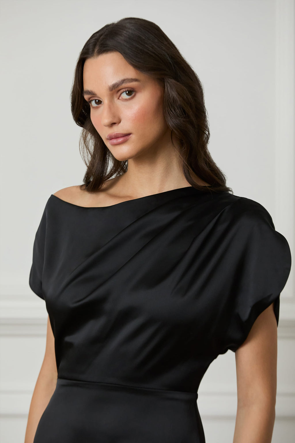 TRINITY Asymmetric Dropped Shoulder Split Sleeve Satin Maxi Dress in Black