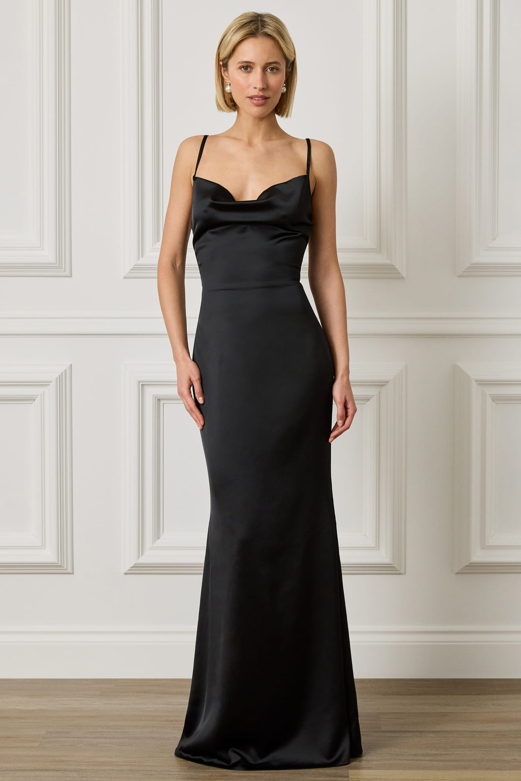PENNY Satin Cowl Neck Scoop Back Maxi Dress in  Black