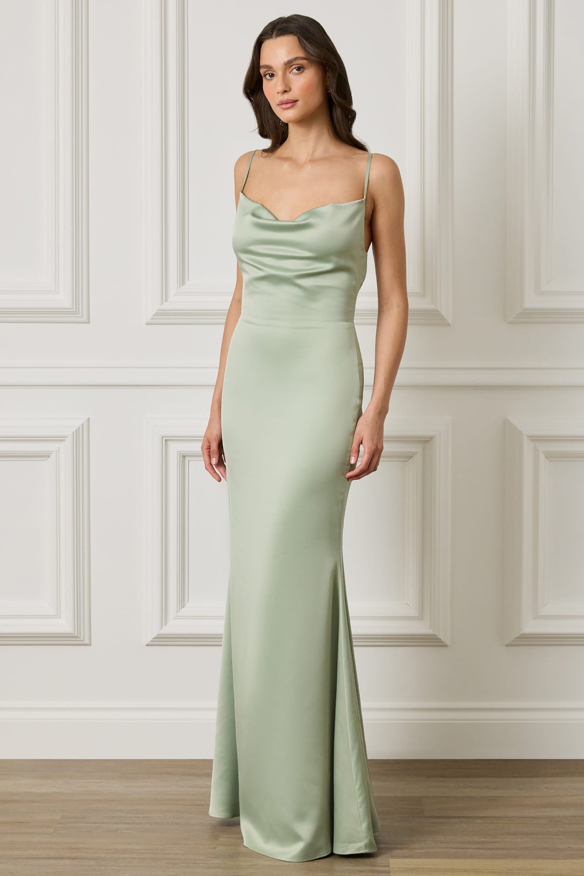 PENNY Satin Cowl Neck Scoop Back Maxi Dress in Sage Green