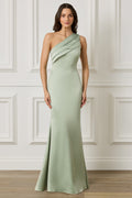 SADIE Asymmetric Pleated Satin Maxi Dress in Sage Green