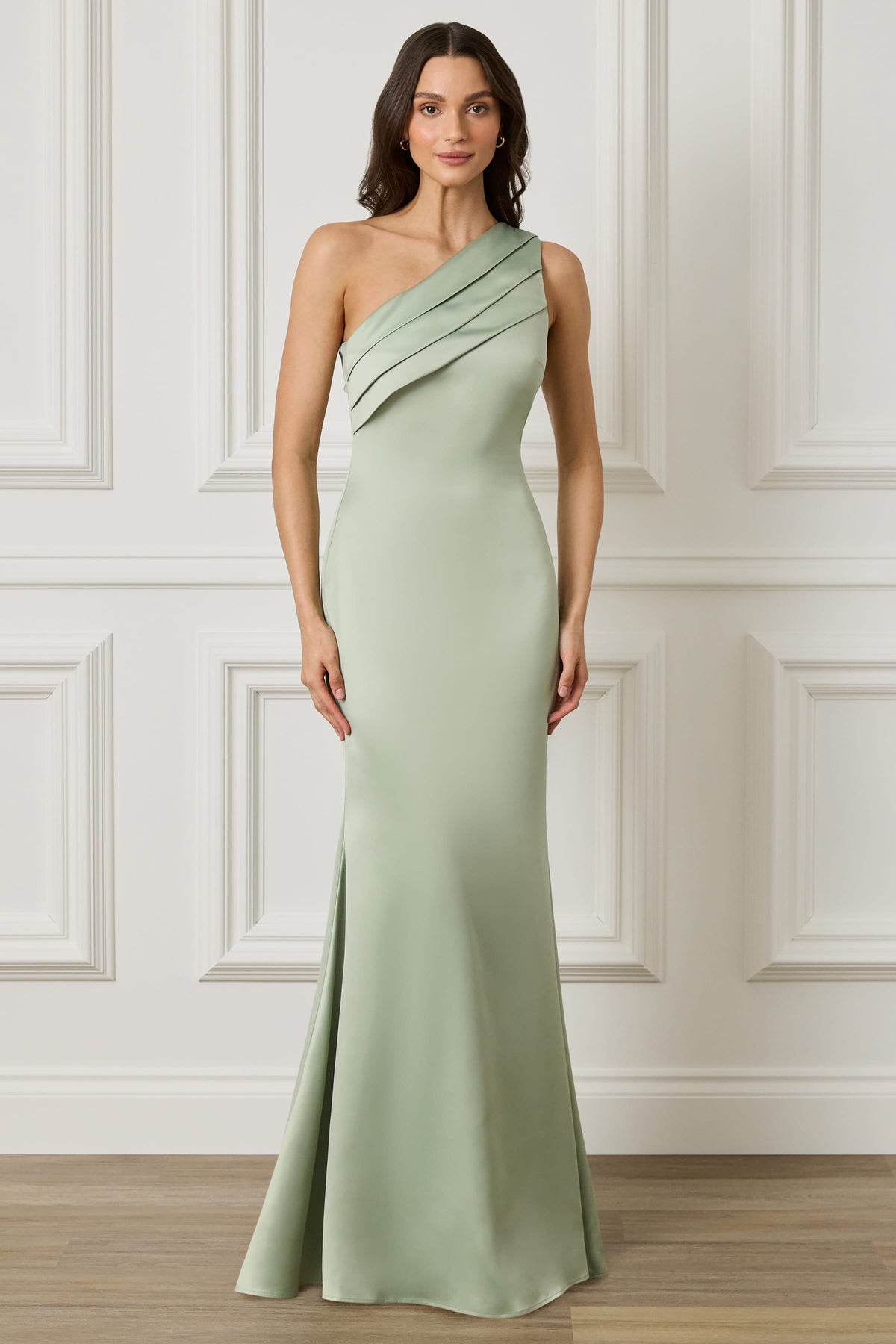 SADIE Asymmetric Pleated Satin Maxi Dress in Sage Green