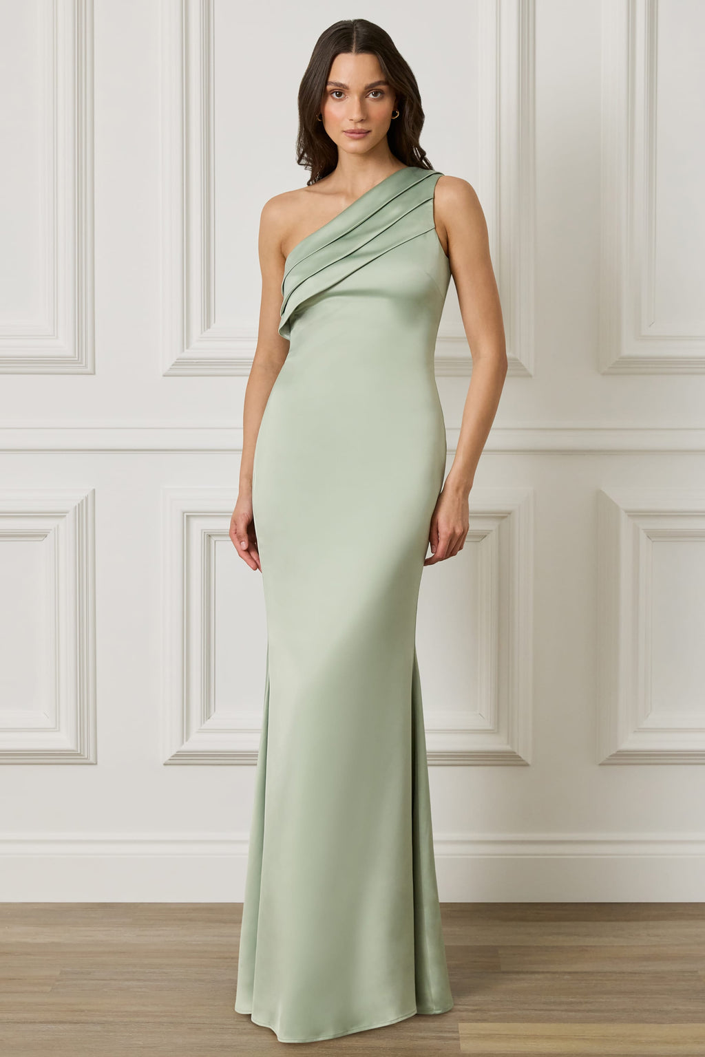 SADIE Asymmetric Pleated Satin Maxi Dress in Sage Green