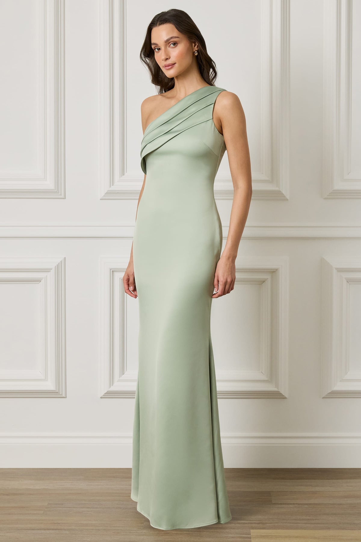 SADIE Asymmetric Pleated Satin Maxi Dress in Sage Green