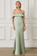 RAYNE Satin Drape Bardot Maxi Dress in Sage Green