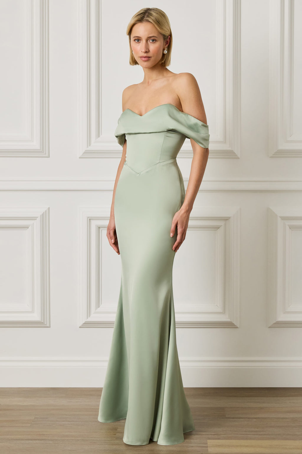 RAYNE Satin Drape Bardot Maxi Dress in Sage Green