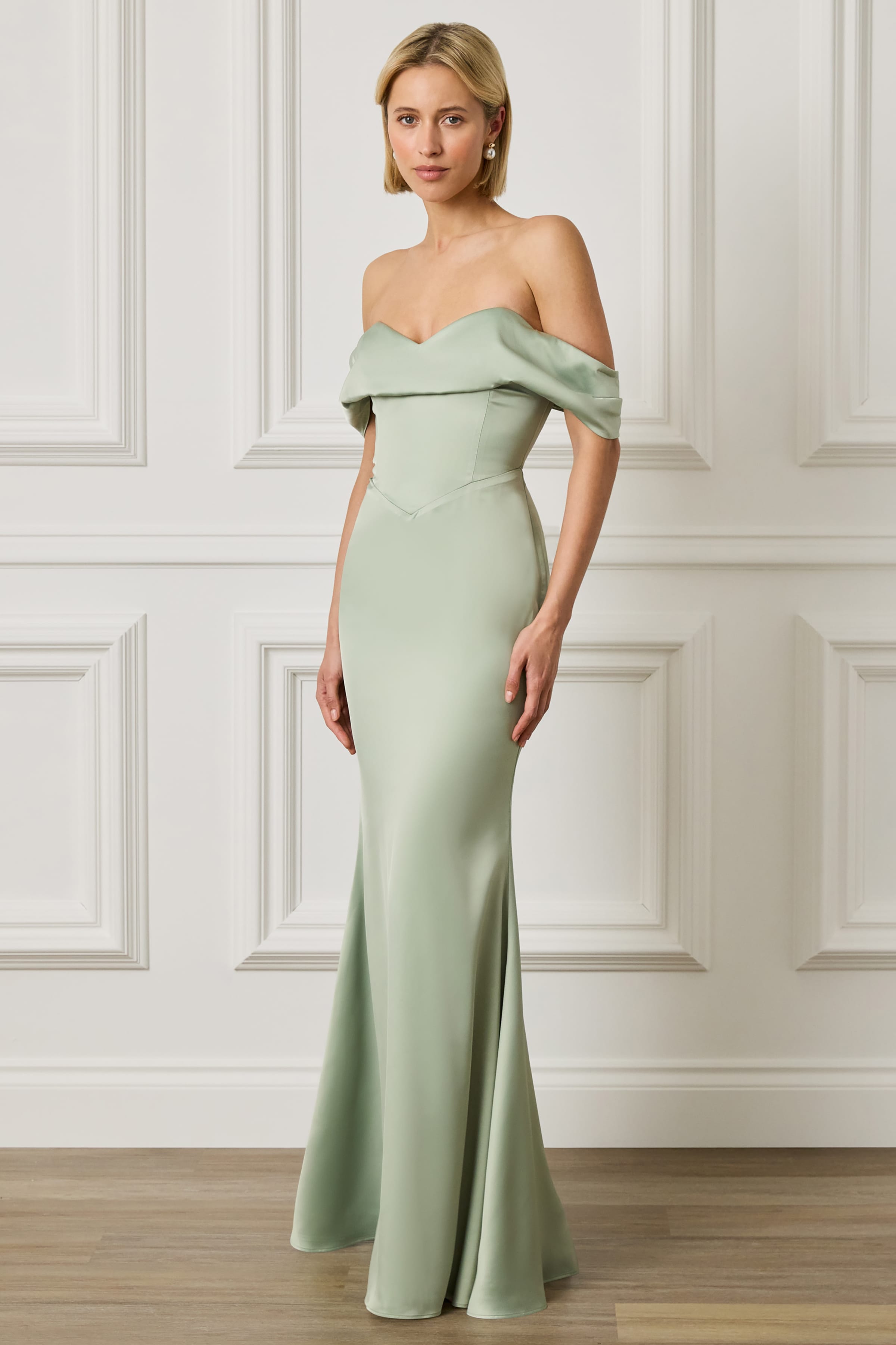 RAYNE Satin Drape Bardot Maxi Dress in Sage Green