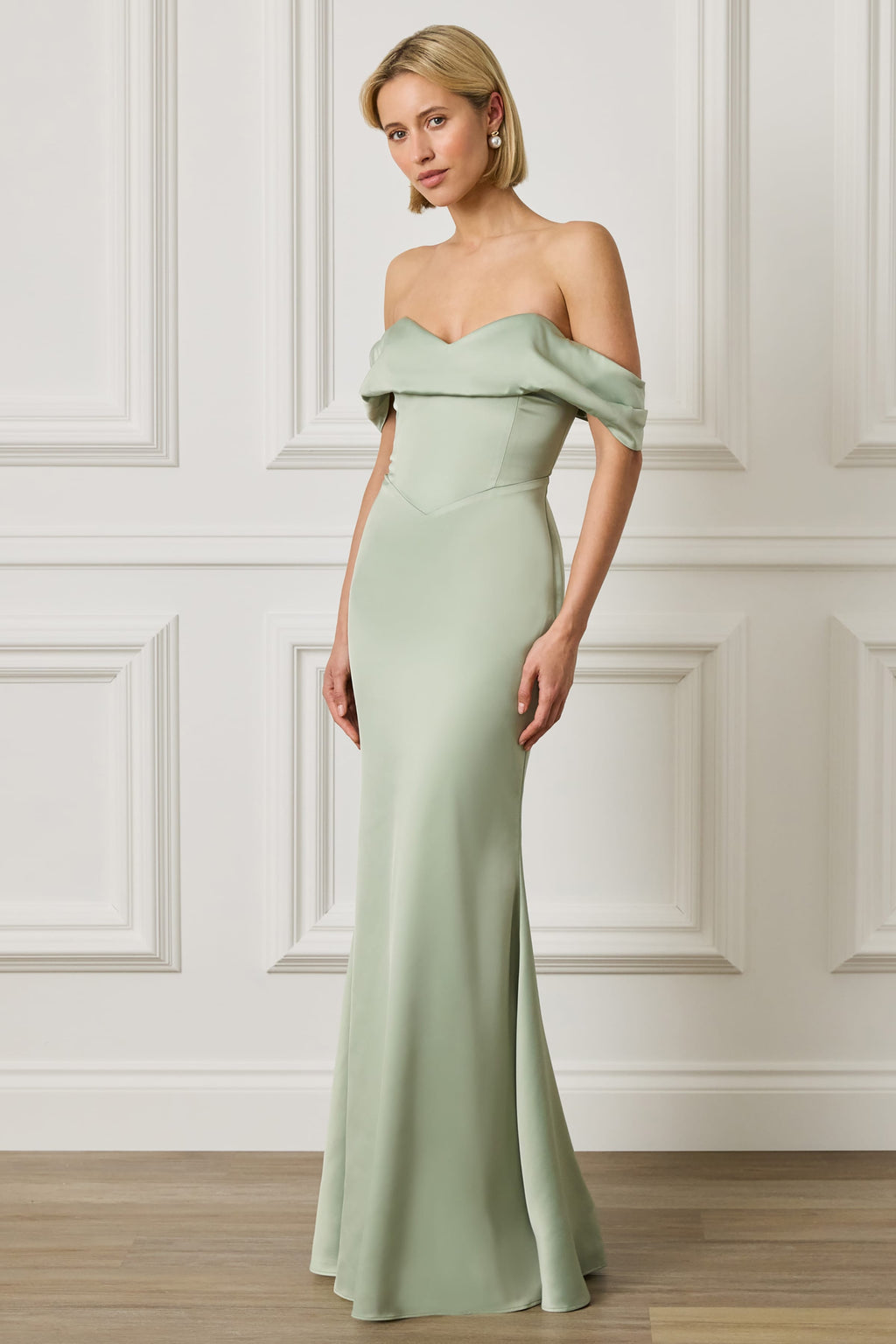 RAYNE Satin Drape Bardot Maxi Dress in Sage Green