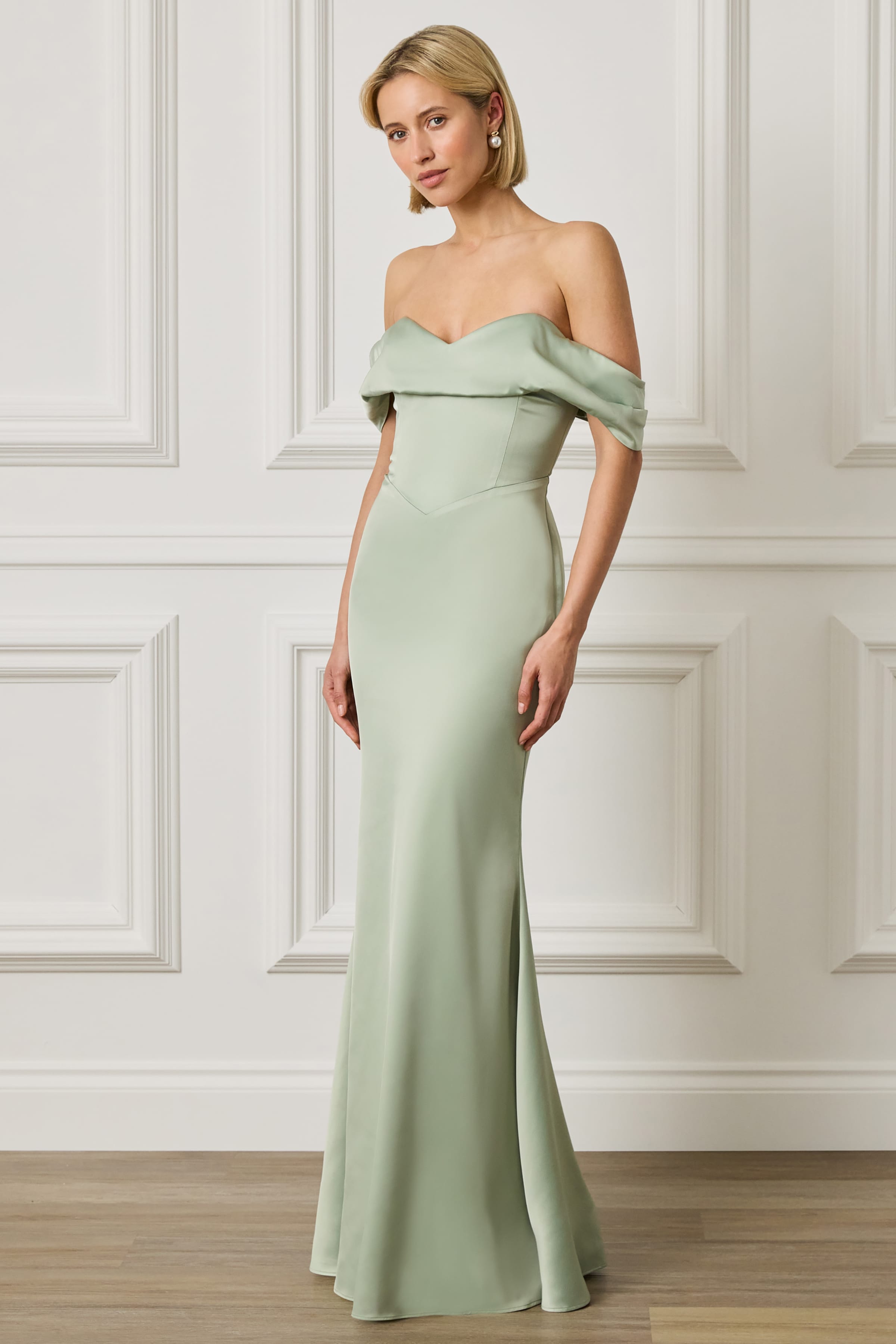 RAYNE Satin Drape Bardot Maxi Dress in Sage Green