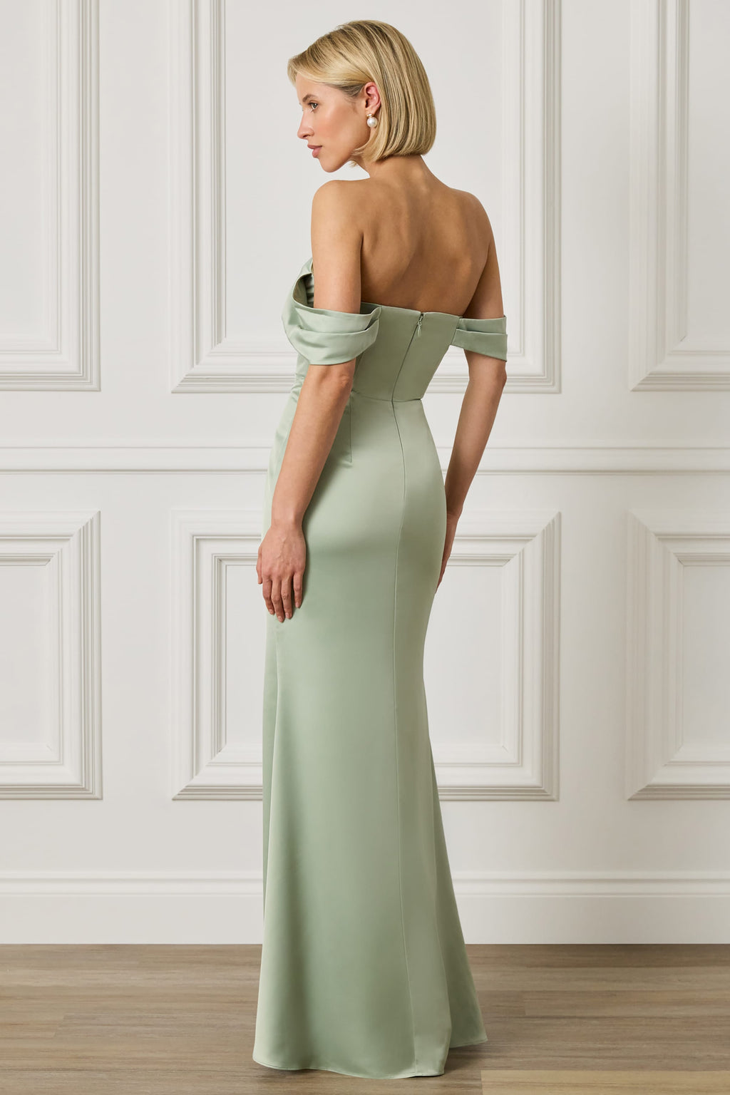 RAYNE Satin Drape Bardot Maxi Dress in Sage Green