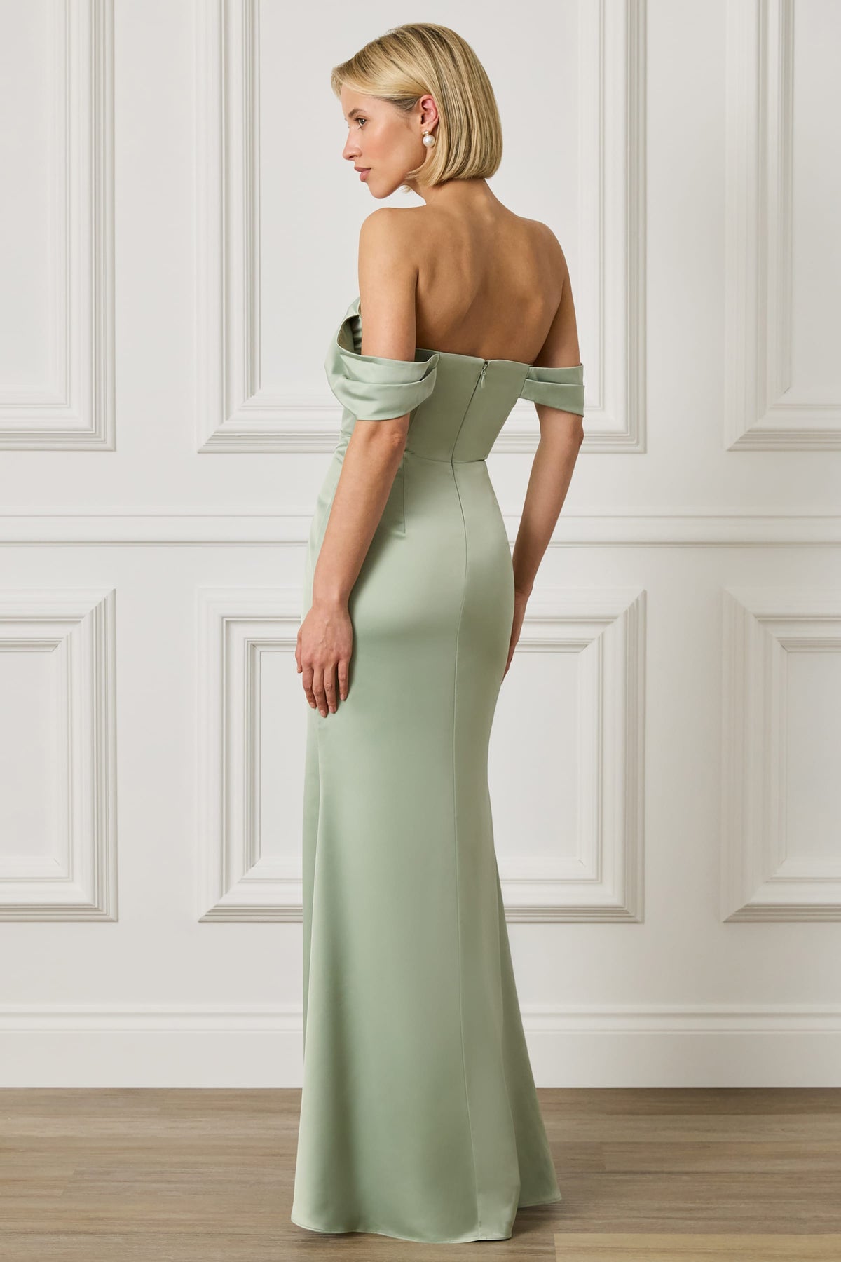RAYNE Satin Drape Bardot Maxi Dress in Sage Green