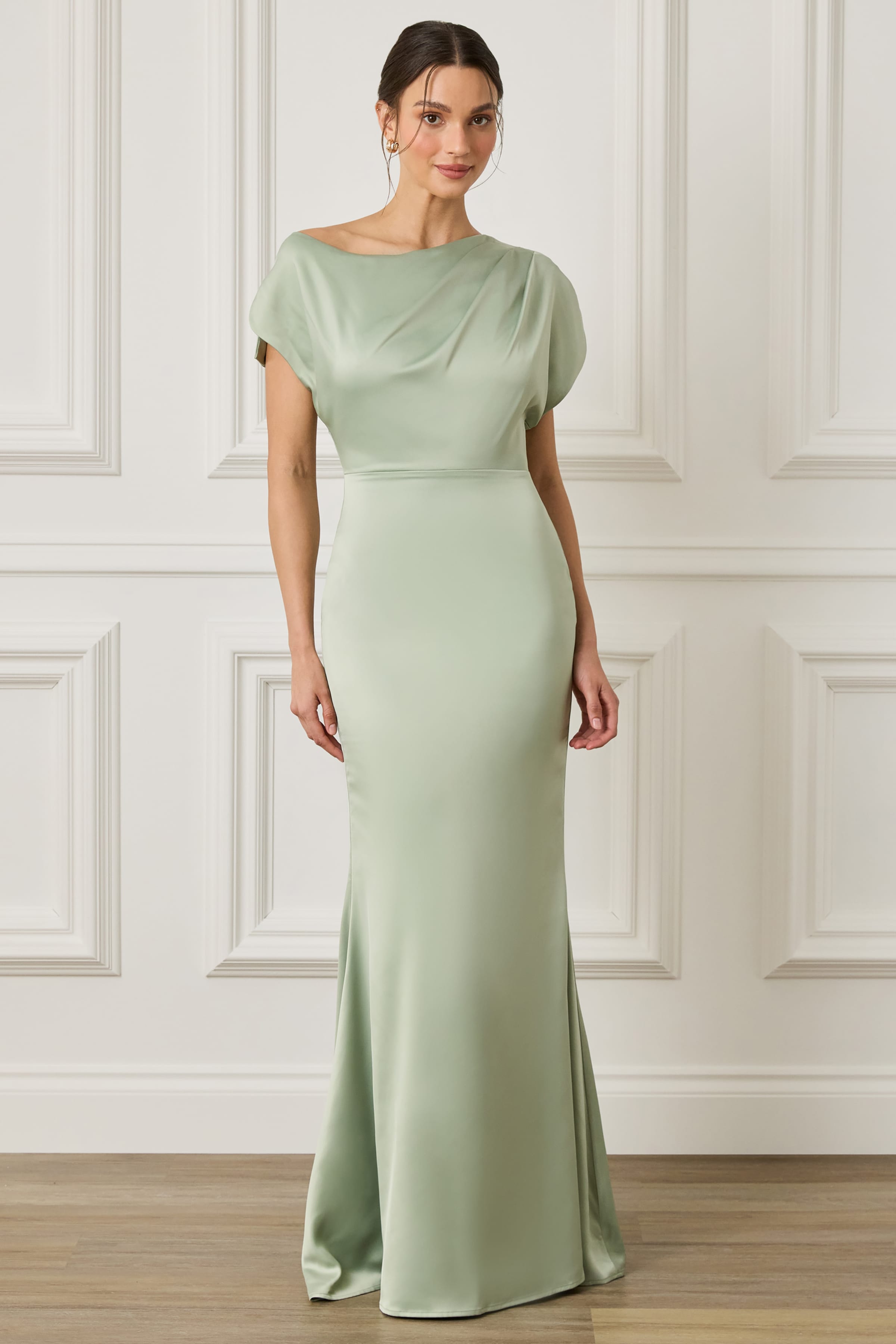 TRINITY Asymmetric Dropped Shoulder Split Sleeve Satin Maxi Dress in Sage Green