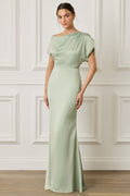 TRINITY Asymmetric Dropped Shoulder Split Sleeve Satin Maxi Dress in Sage Green