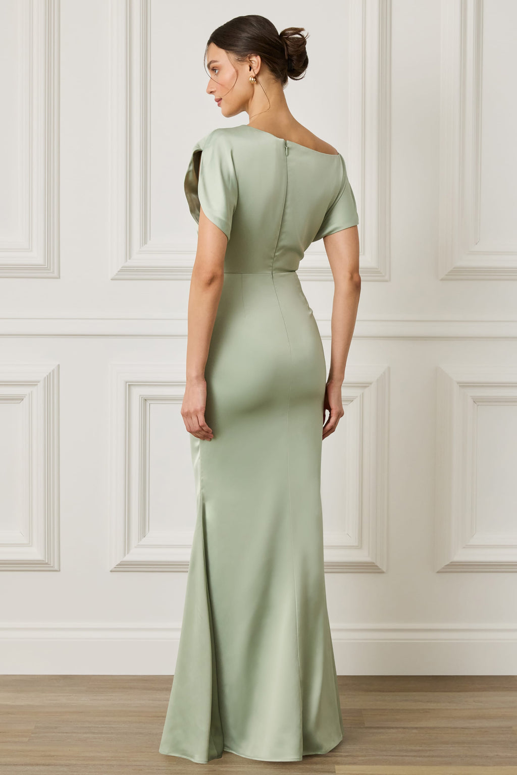 TRINITY Asymmetric Dropped Shoulder Split Sleeve Satin Maxi Dress in Sage Green
