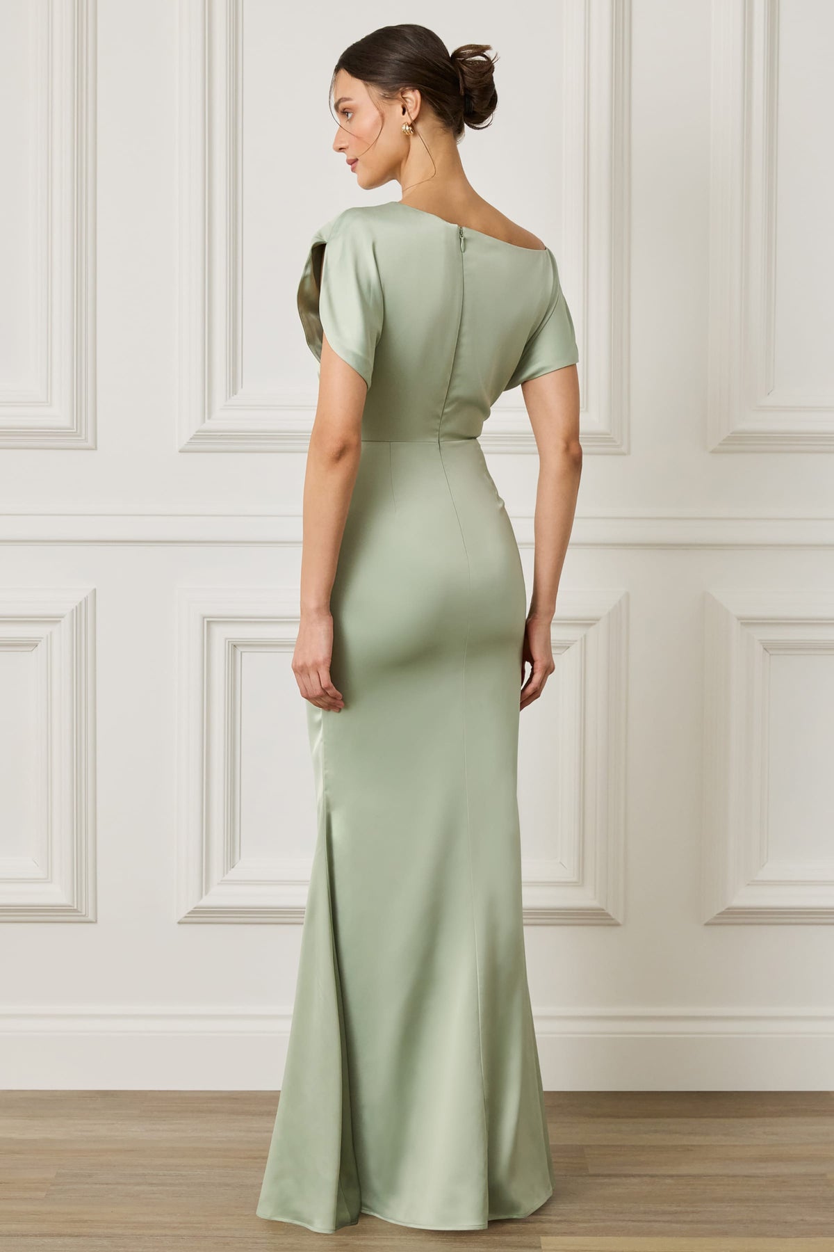 TRINITY Asymmetric Dropped Shoulder Split Sleeve Satin Maxi Dress in Sage Green