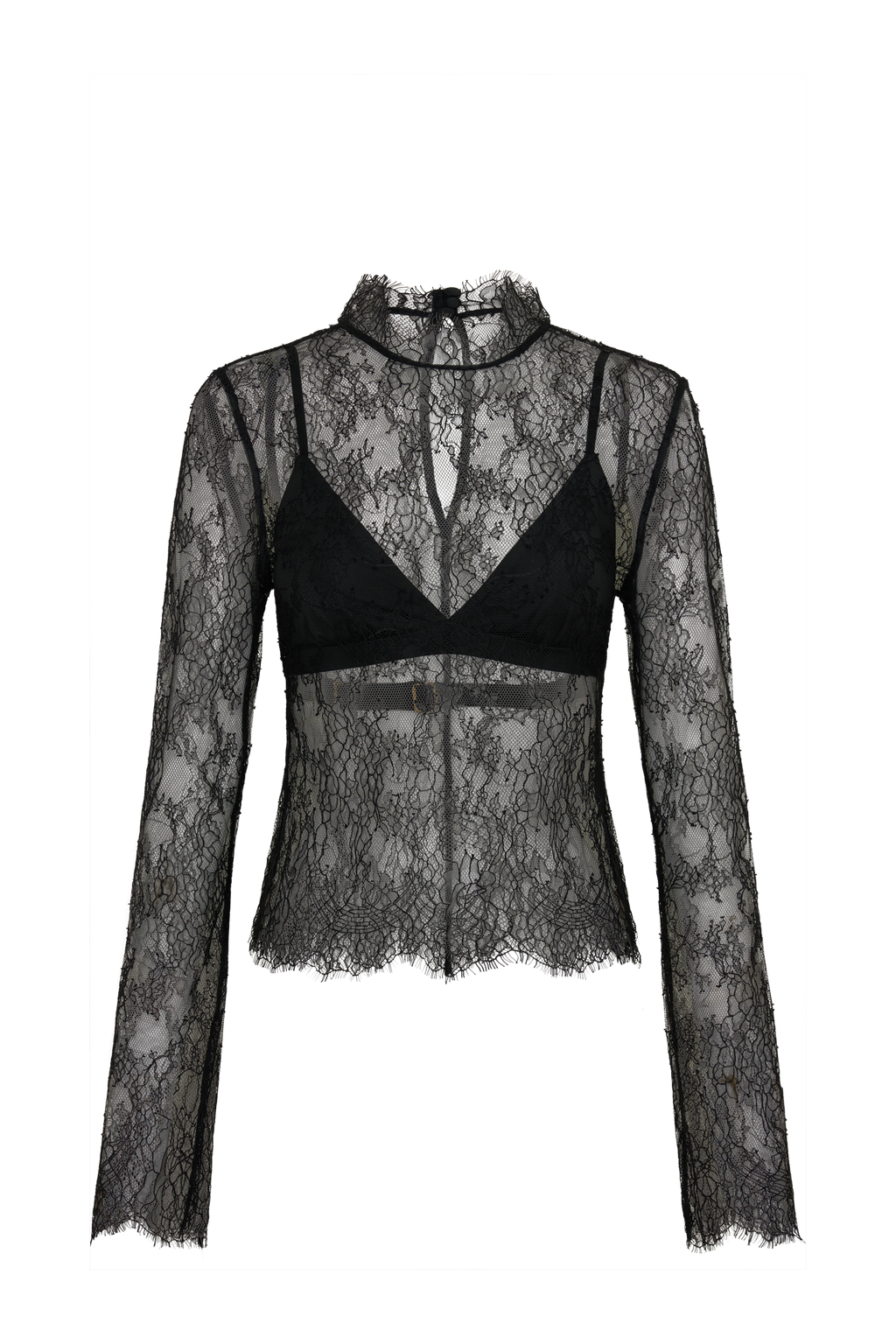 Alizette High Neck Long Sleeve Lace Top - Black