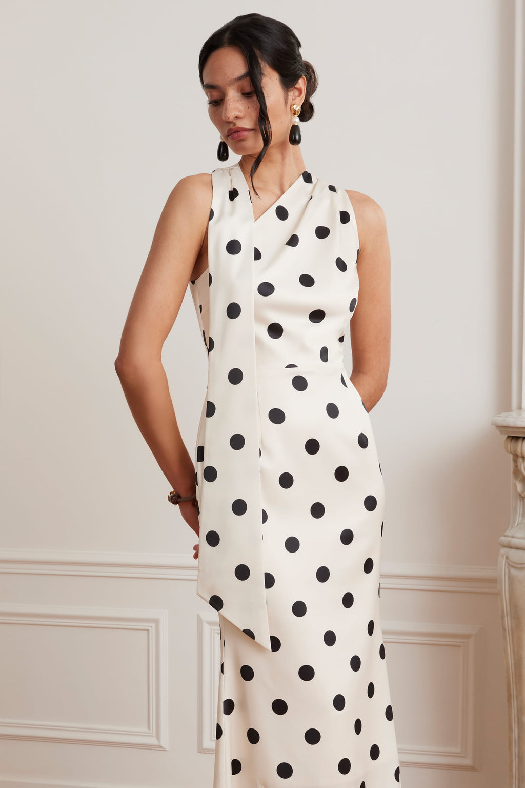 JULIANA Satin Scarf Neck Maxi Dress With Lace Insert In Polka Dot Print