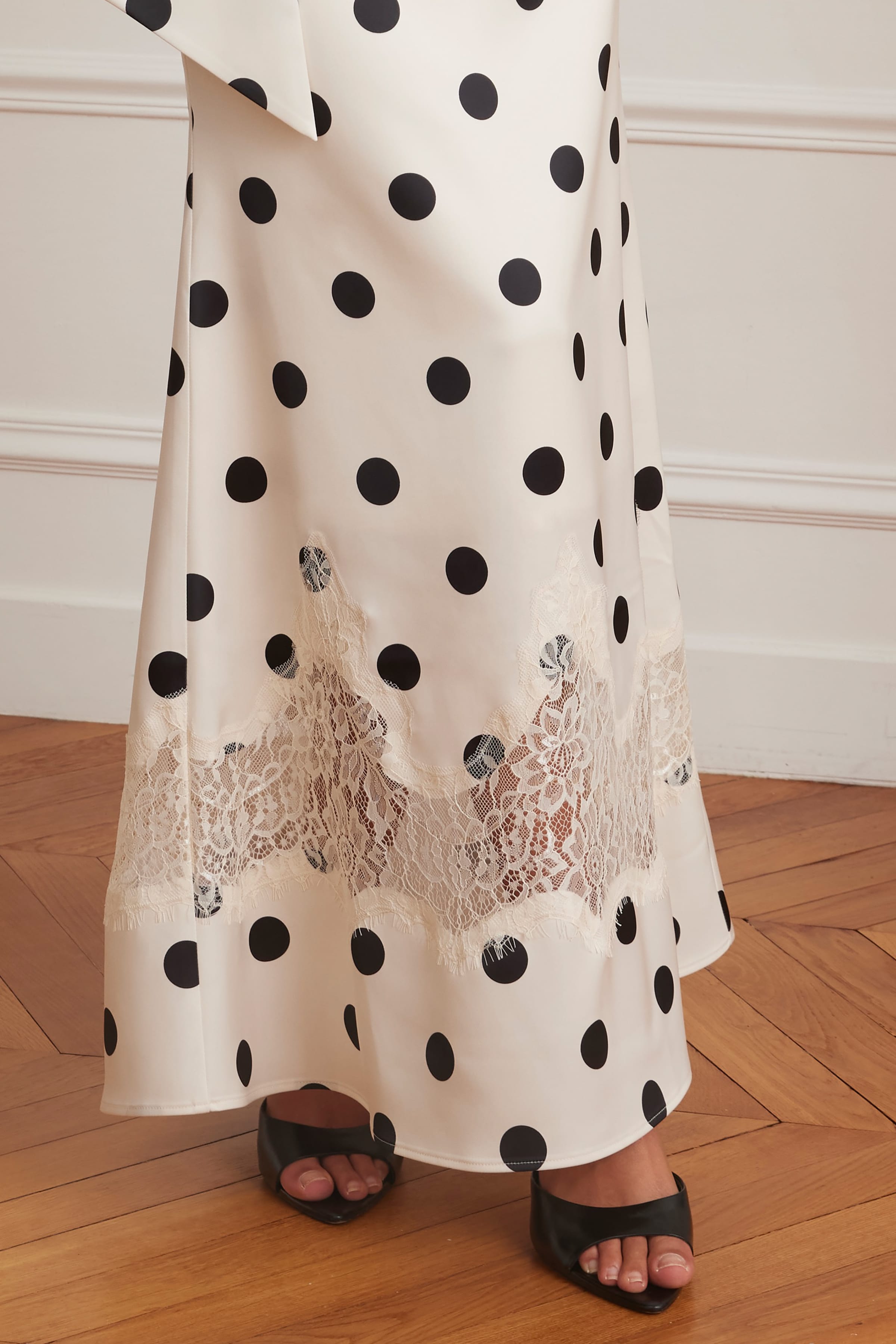 JULIANA Satin Scarf Neck Maxi Dress With Lace Insert In Polka Dot Print