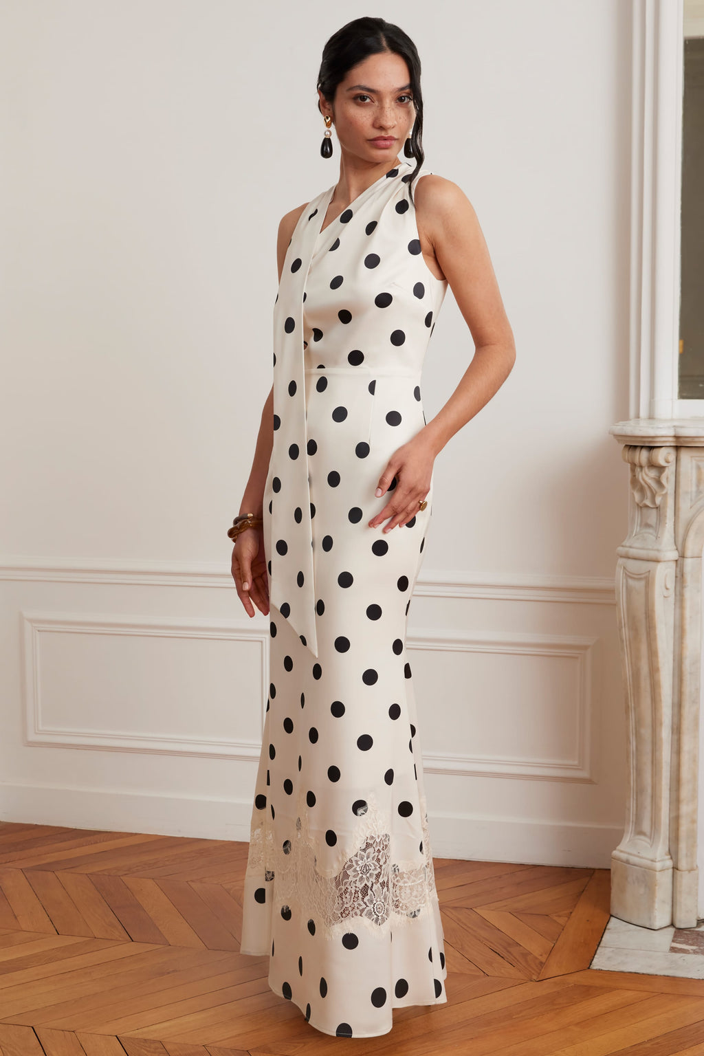 JULIANA Satin Scarf Neck Maxi Dress With Lace Insert In Polka Dot Print