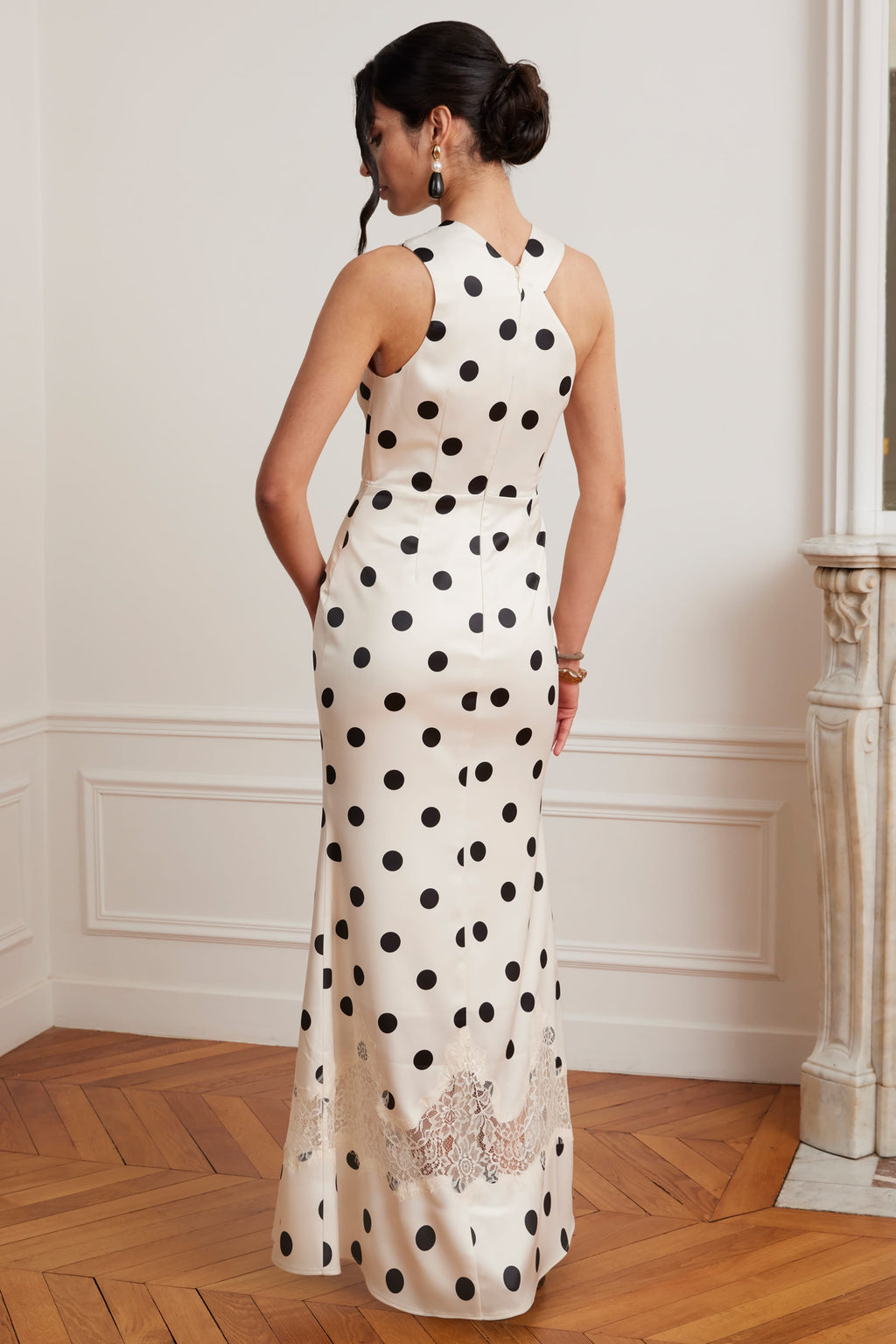 JULIANA Satin Scarf Neck Maxi Dress With Lace Insert In Polka Dot Print