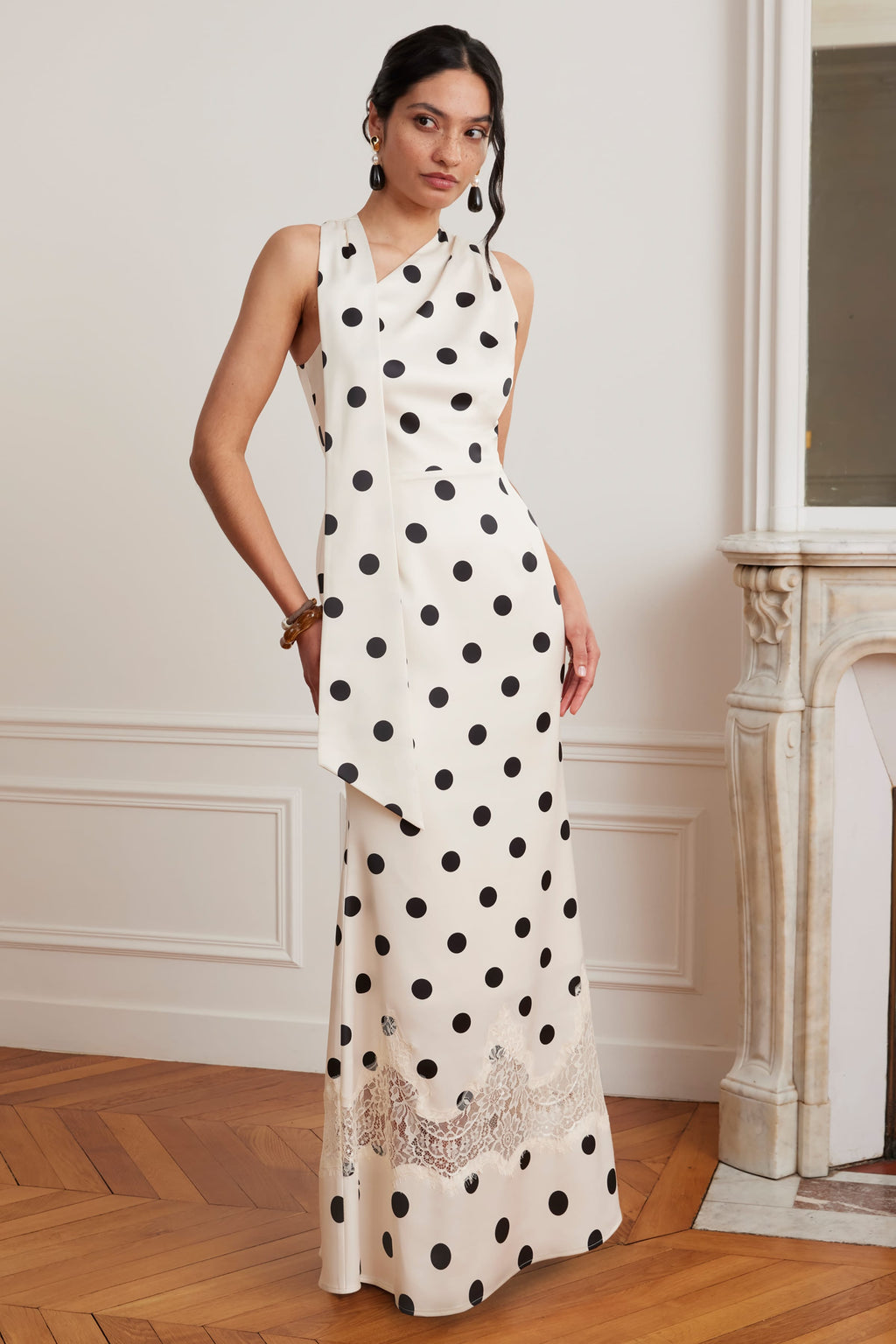 JULIANA Satin Scarf Neck Maxi Dress With Lace Insert In Polka Dot Print