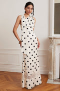 JULIANA Satin Scarf Neck Maxi Dress With Lace Insert In Polka Dot Print