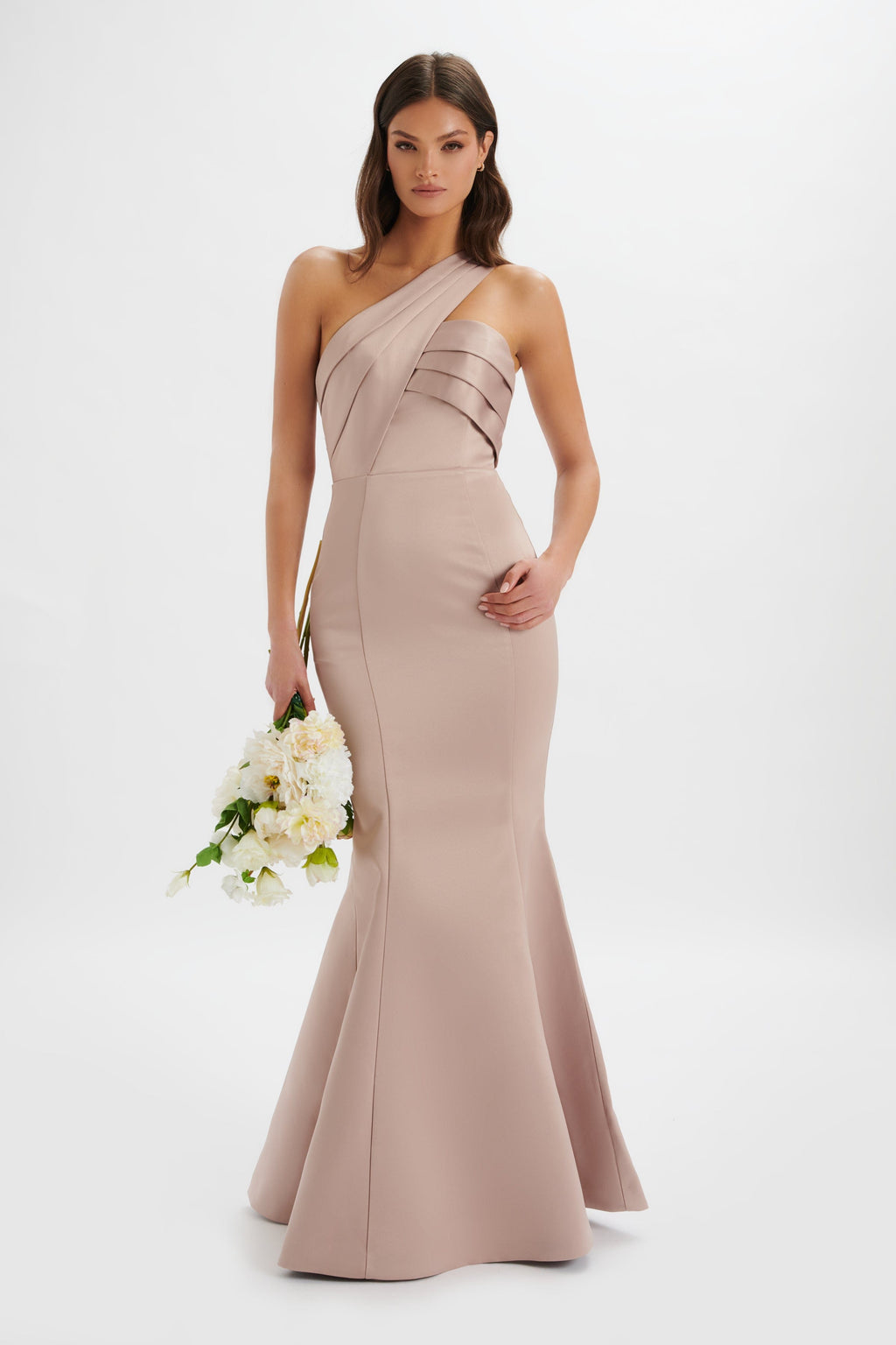 SHAILENE Bonded Satin Asymmetric Maxi Dress In Mink
