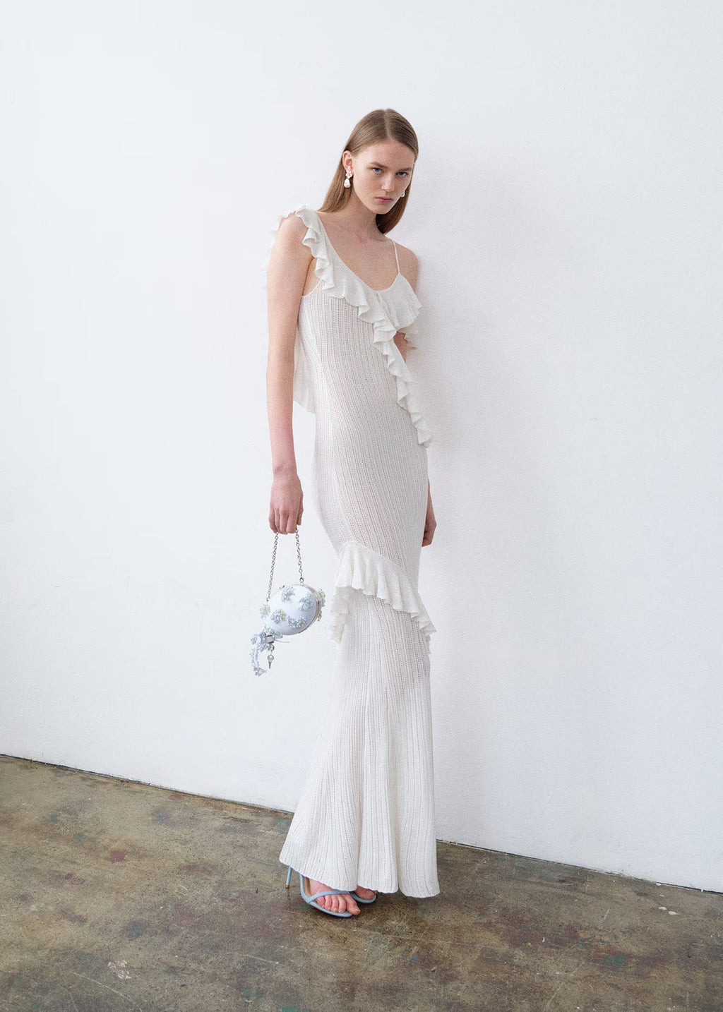 White Ruffle Knit Maxi Dress