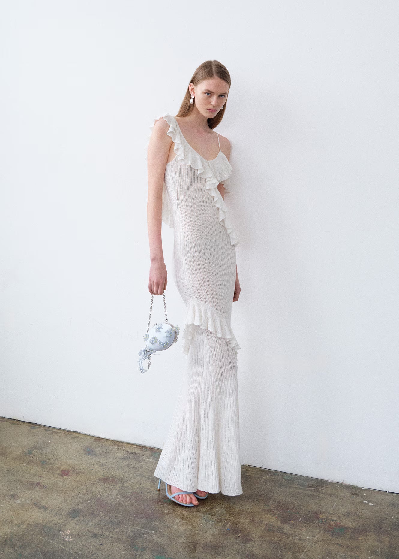 White Ruffle Knit Maxi Dress
