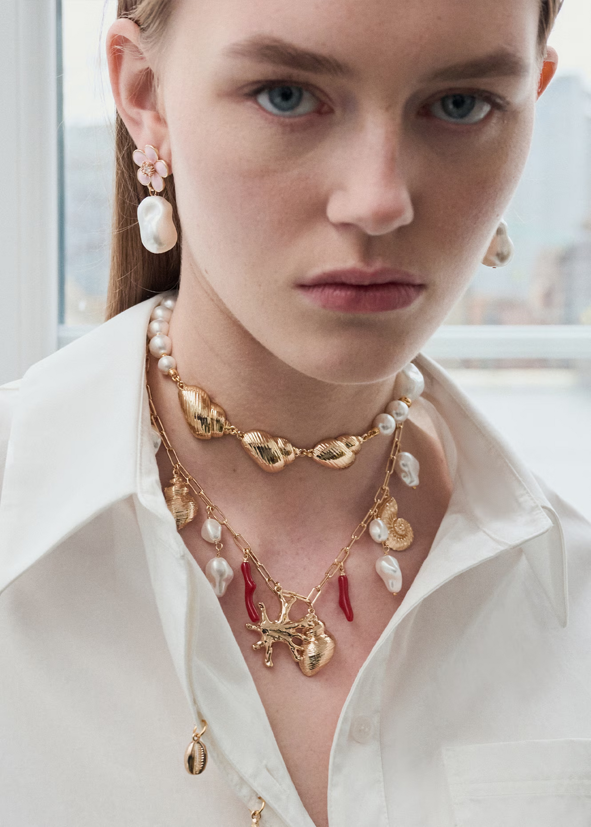 Gold Coral Pearl Charm Necklace