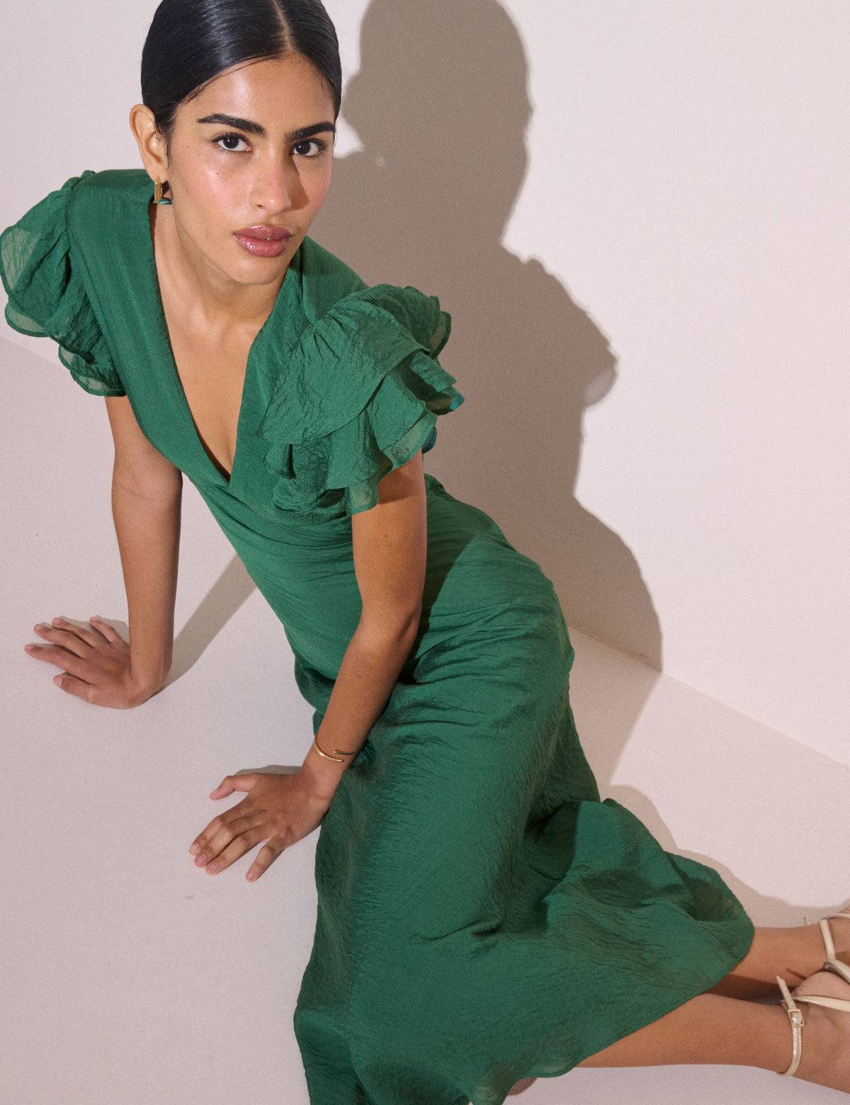 Emerald Green Frill Sleeve Layla Midi Dress
