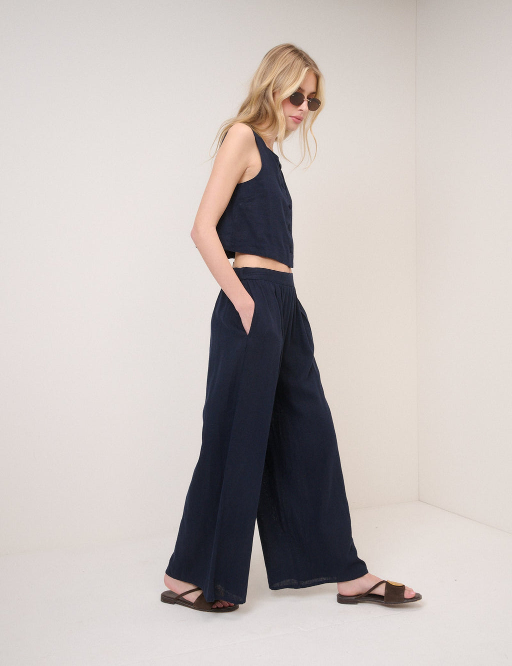 Navy Linen-Rich Wide Leg Jerrow Trousers