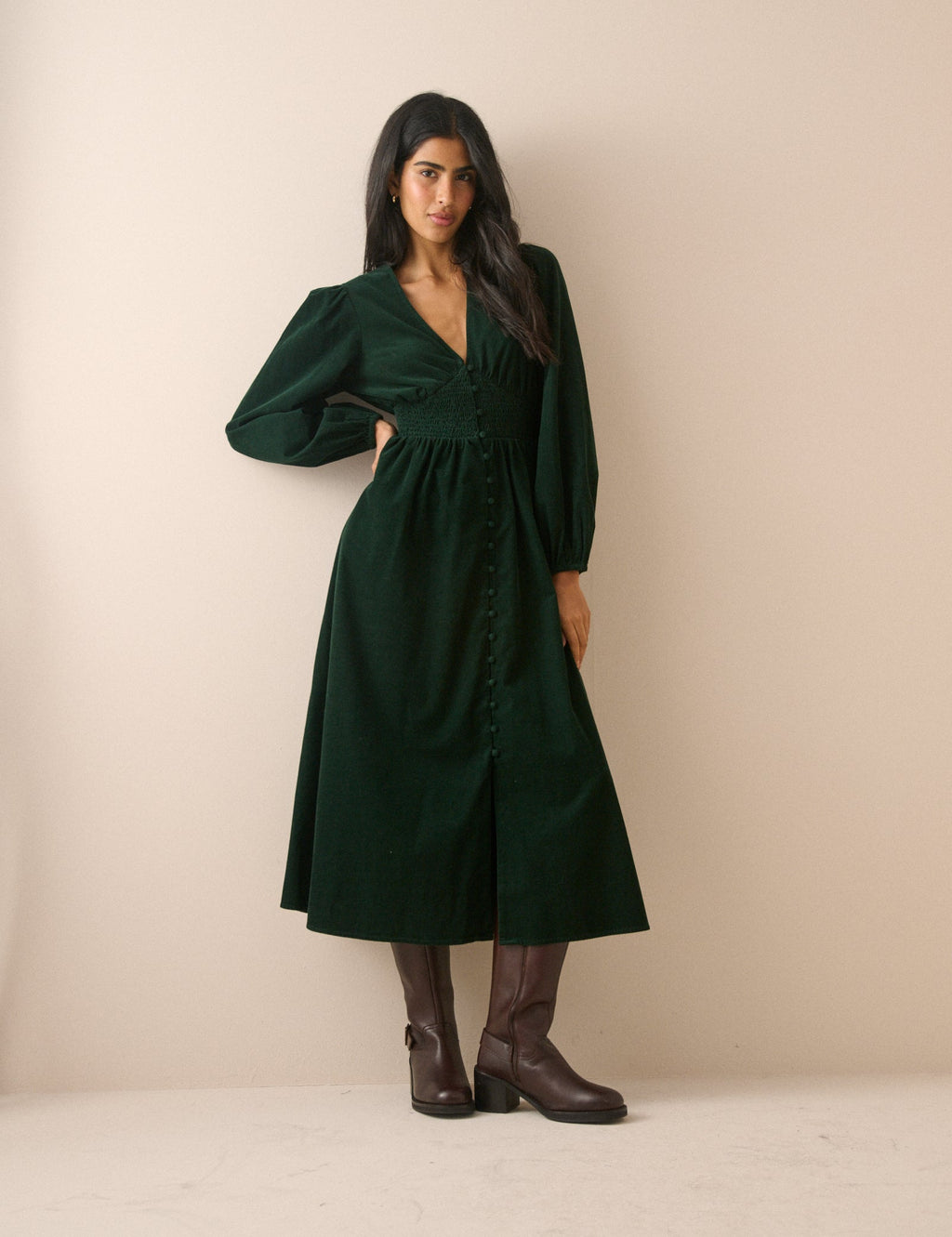 Green Cord Shirred Riley Midi Dress