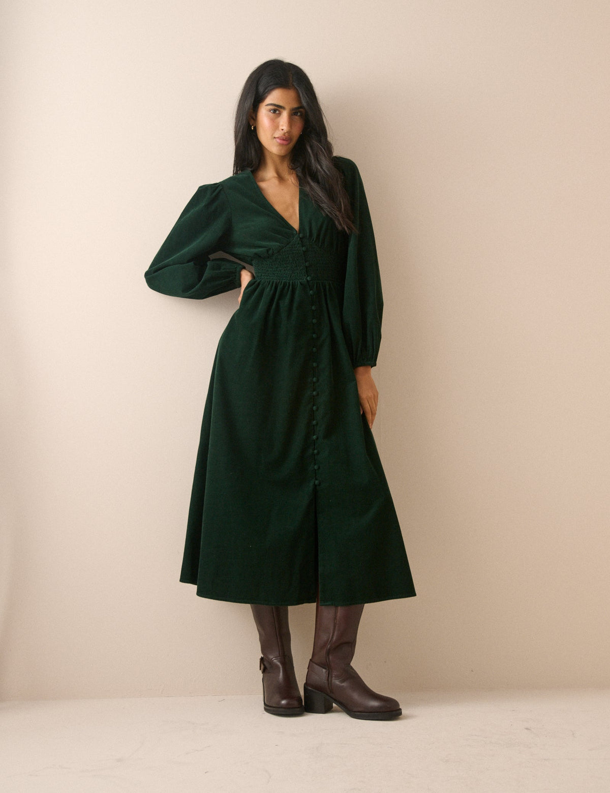 Green Cord Shirred Riley Midi Dress
