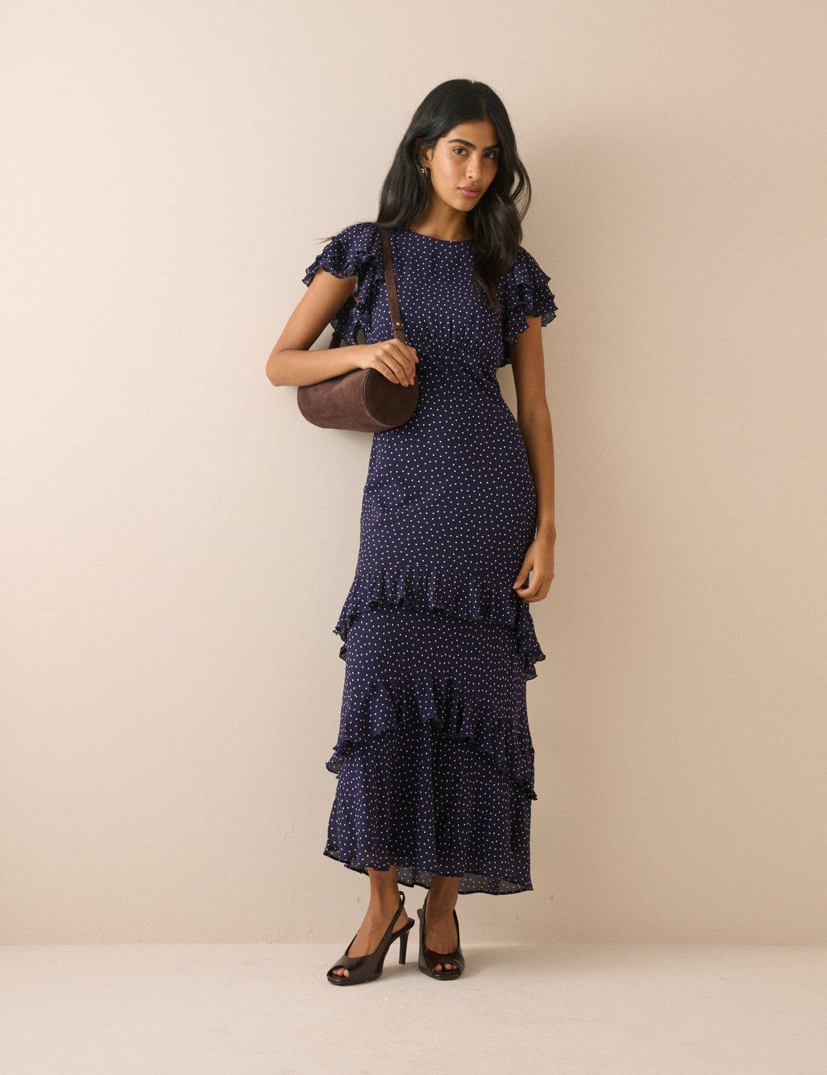 Navy Polka Dot Ruffle Marley Maxi Dress