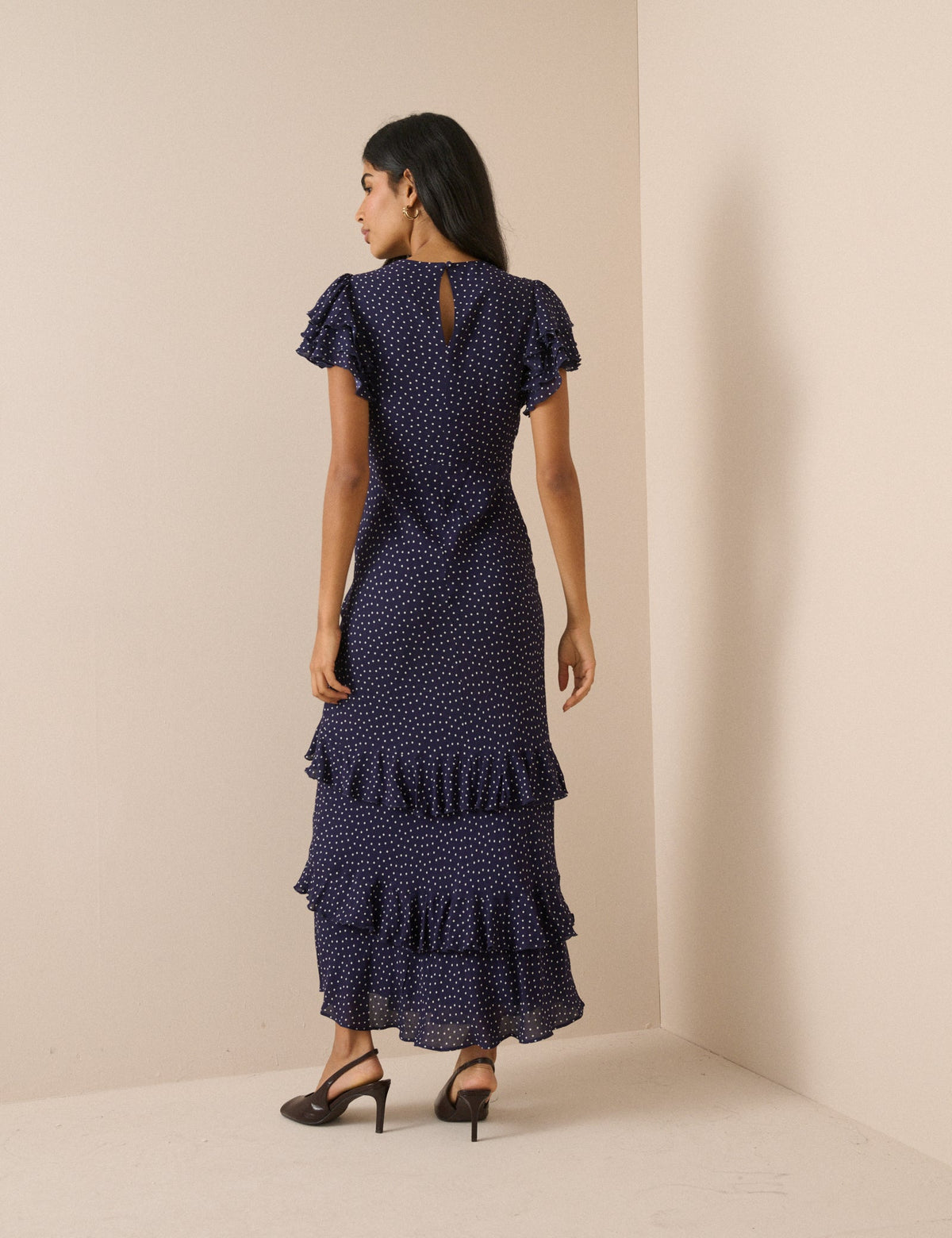 Navy Polka Dot Ruffle Marley Maxi Dress
