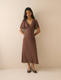 Brown Polka Dot Atlas Midi Dress