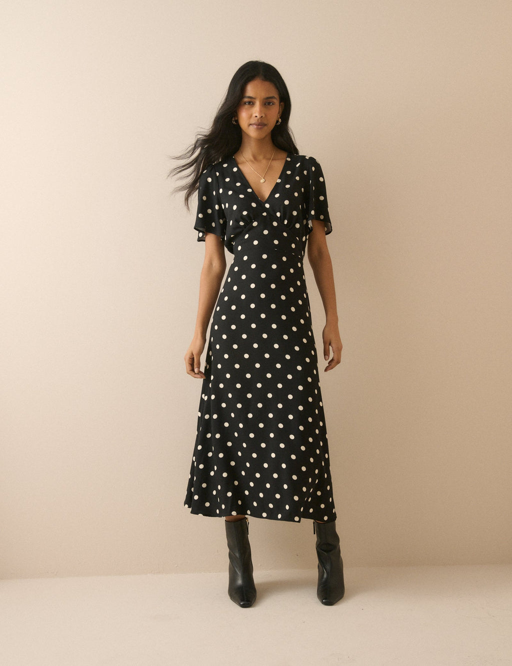 Black Polka Dot Atlas Midi Dress