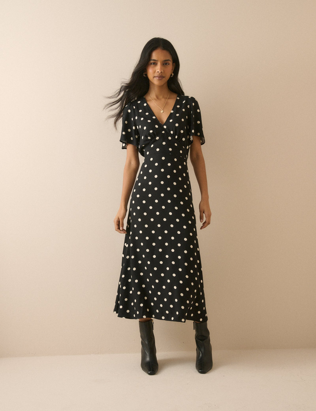 Black Polka Dot Atlas Midi Dress