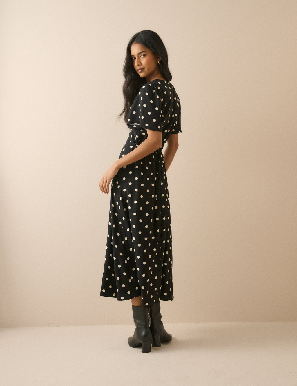 Black Polka Dot Atlas Midi Dress