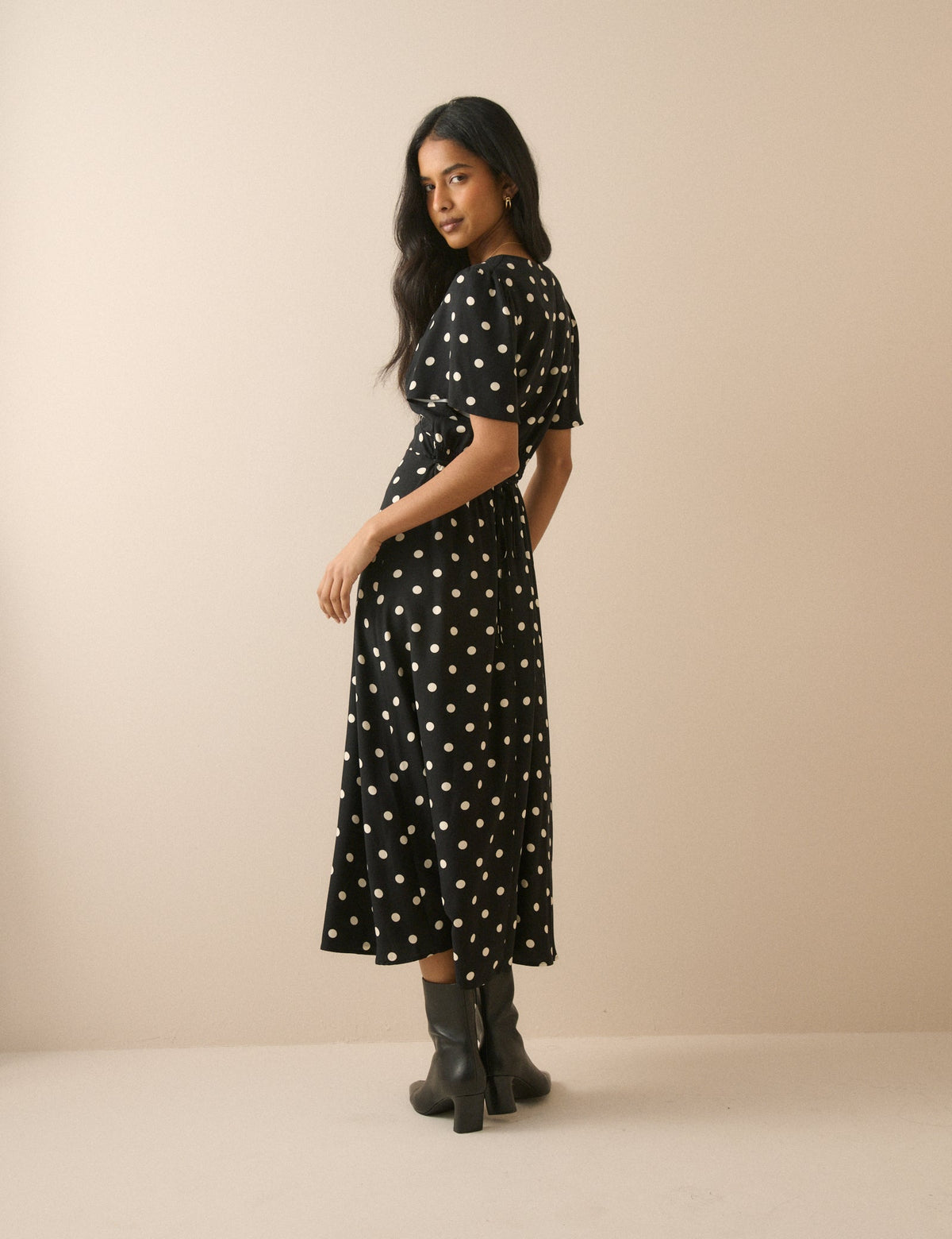 Black Polka Dot Atlas Midi Dress